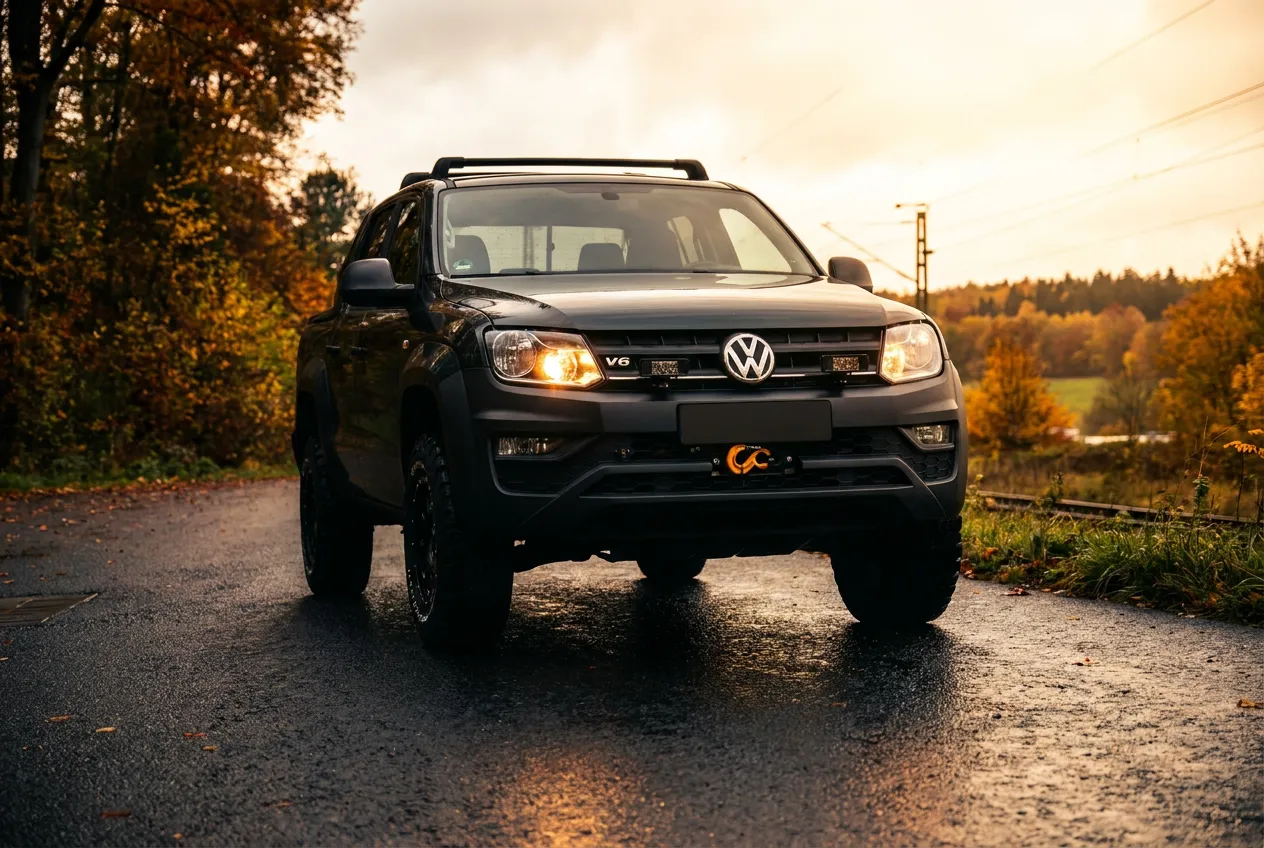 Frontdetail des VW Amarok V6 mit Bergehaken und Geländereifen