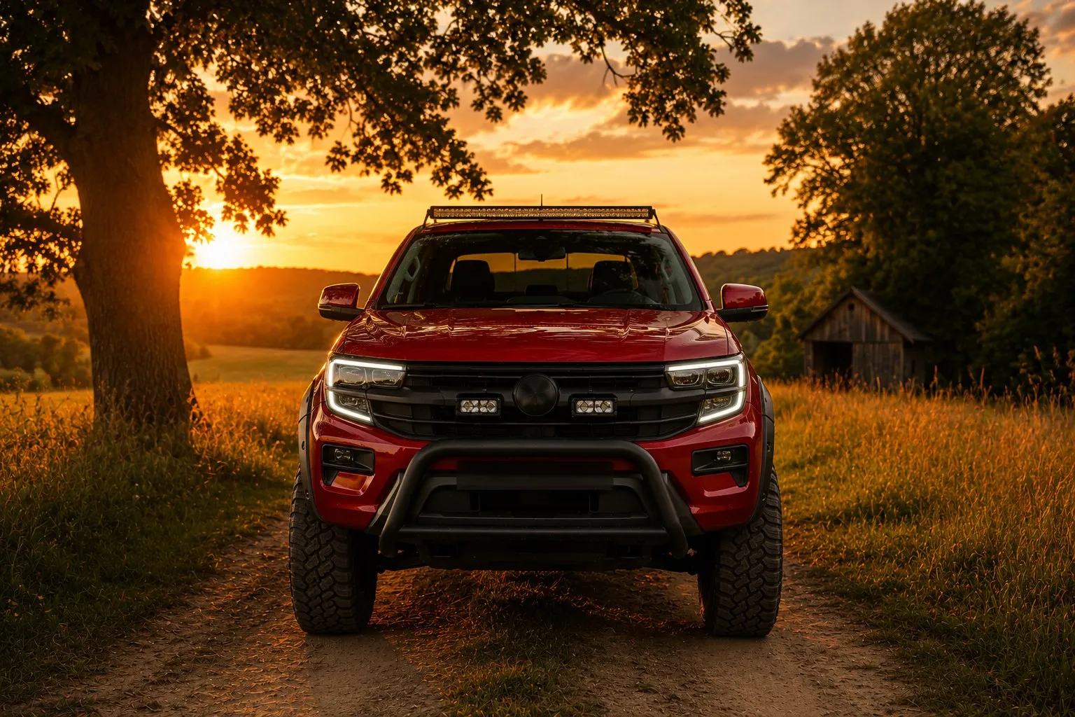 Roter VW Amarok 1T von Michaelis Tuning, Frontansicht im Sonnenuntergang