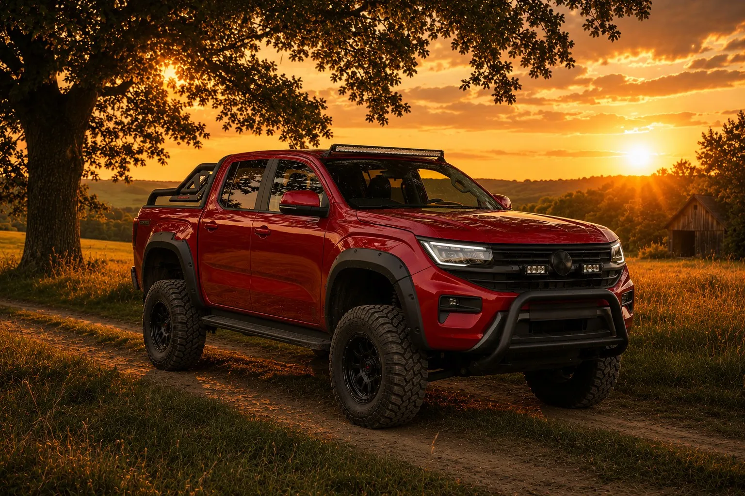 Roter VW Amarok der neuen Generation 1T von Michaelis Tuning im Abendlicht