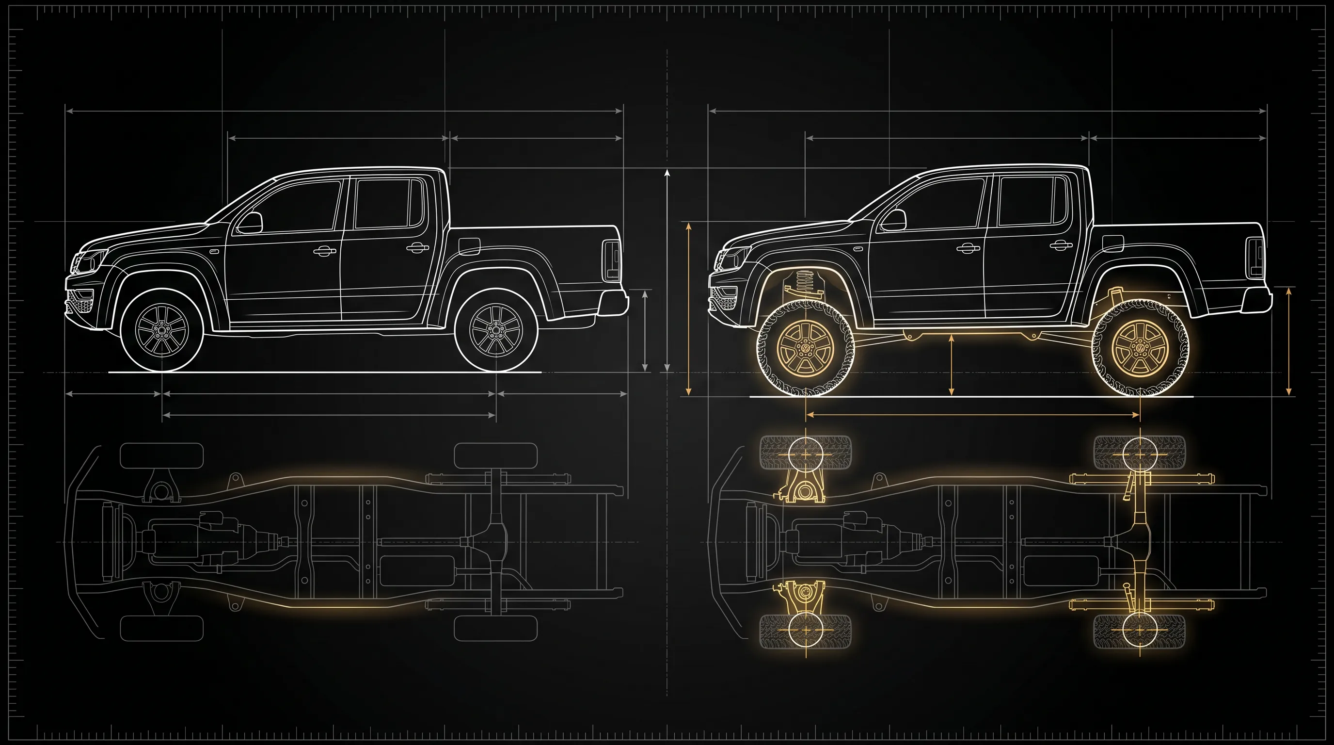 Technische Vergleichszeichnung: VW Amarok serienmäßig gegenüber dem höhergelegten Michaelis-Umbau