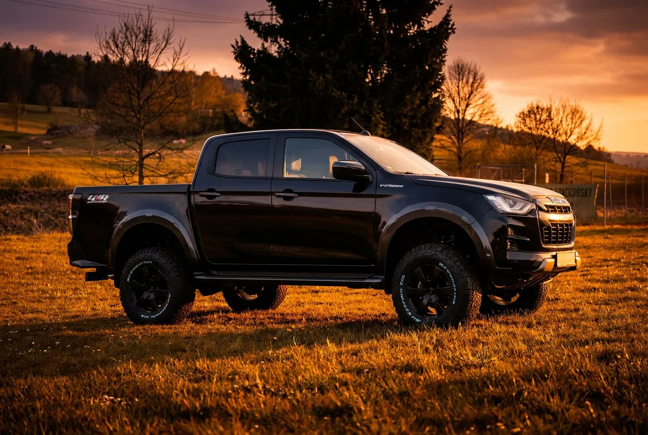 Schwarzer Isuzu D-Max von Michaelis Tuning im Sonnenuntergang