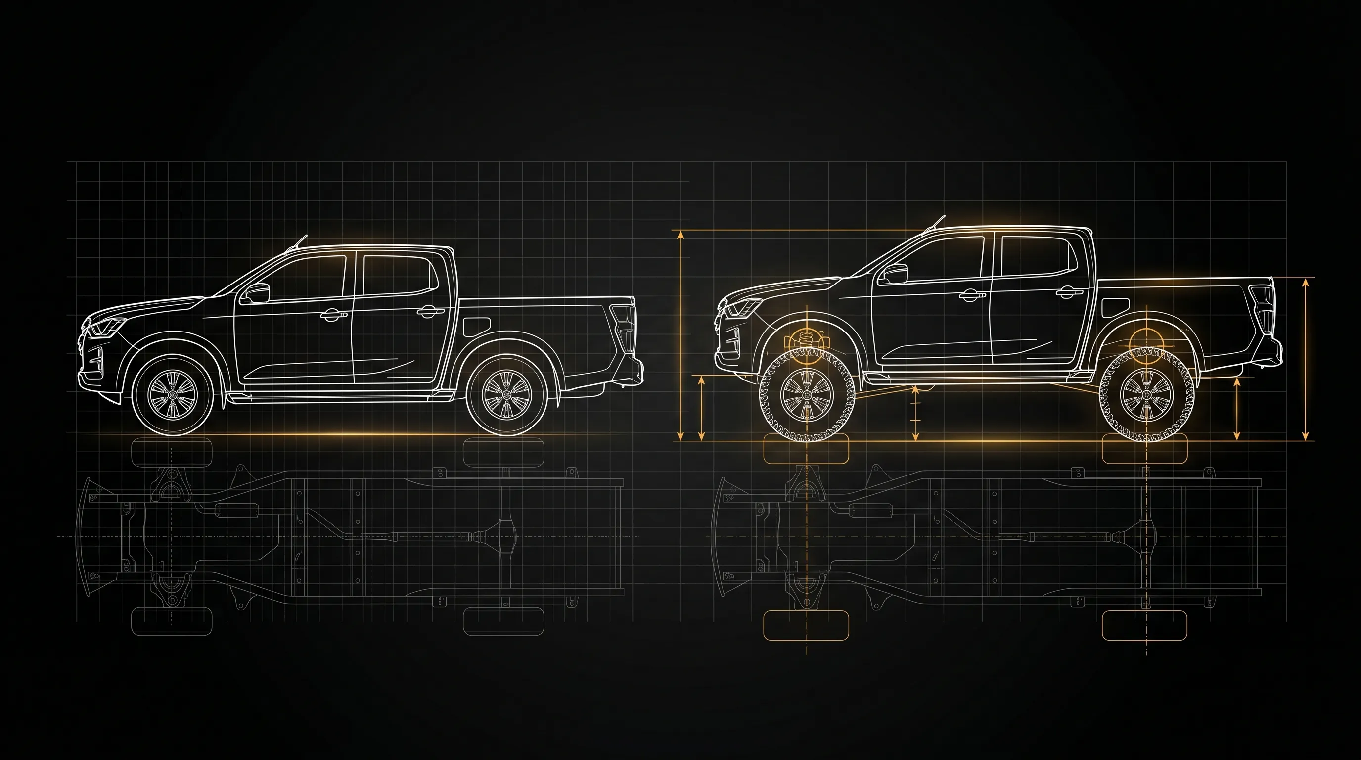 Technische Vergleichszeichnung: Isuzu D-Max serienmäßig gegenüber dem höhergelegten Michaelis-Umbau