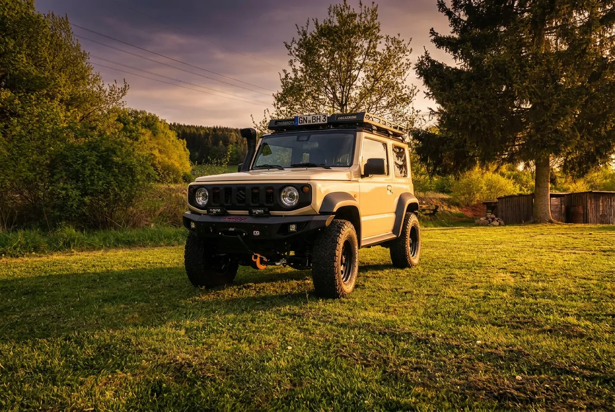 Suzuki Jimny von Michaelis Tuning im Steinbruch beim Sonnenuntergang
