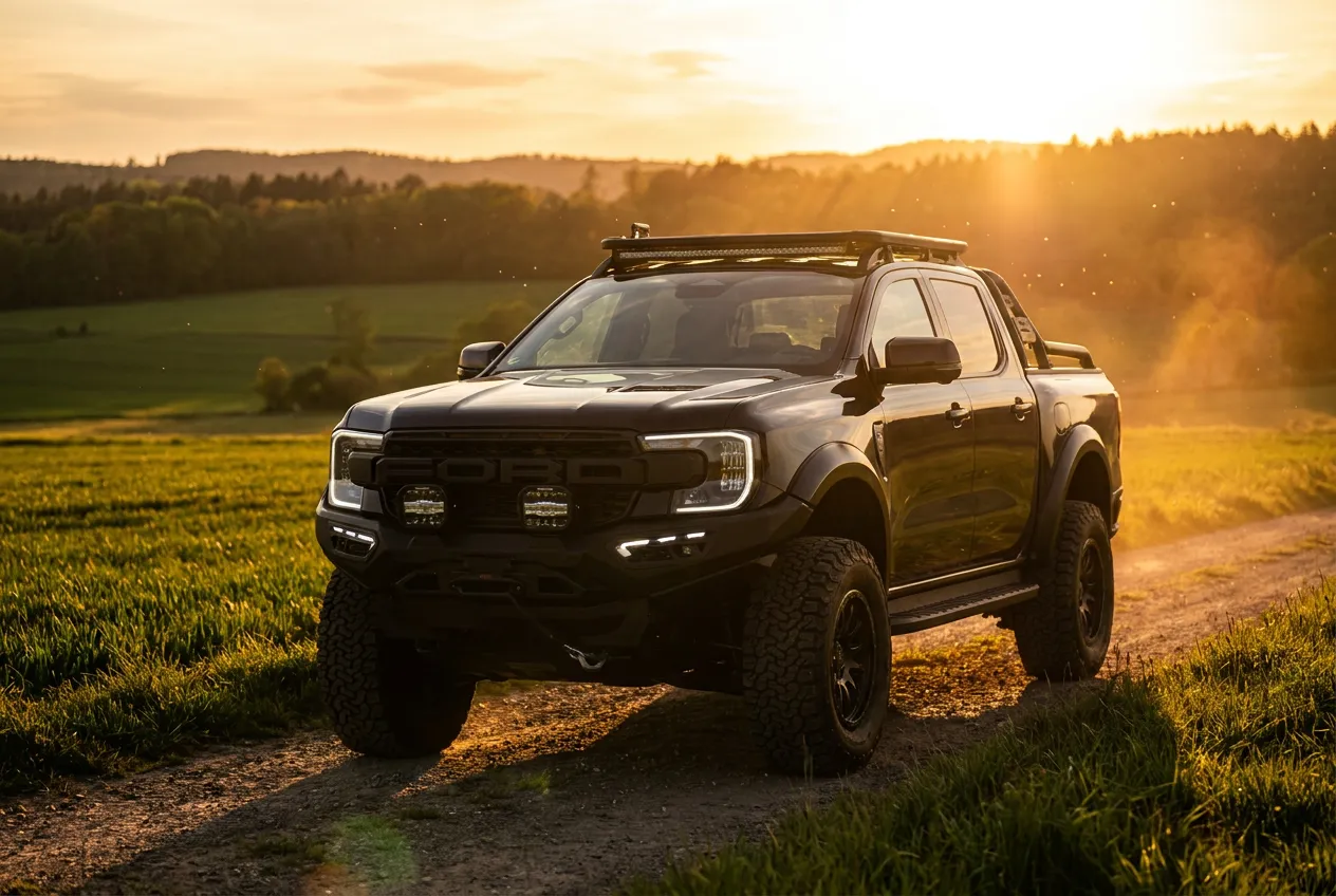 Moderner schwarzer Ford Ranger (ab 2022) von Michaelis Tuning auf einem Feldweg im Sonnenuntergang