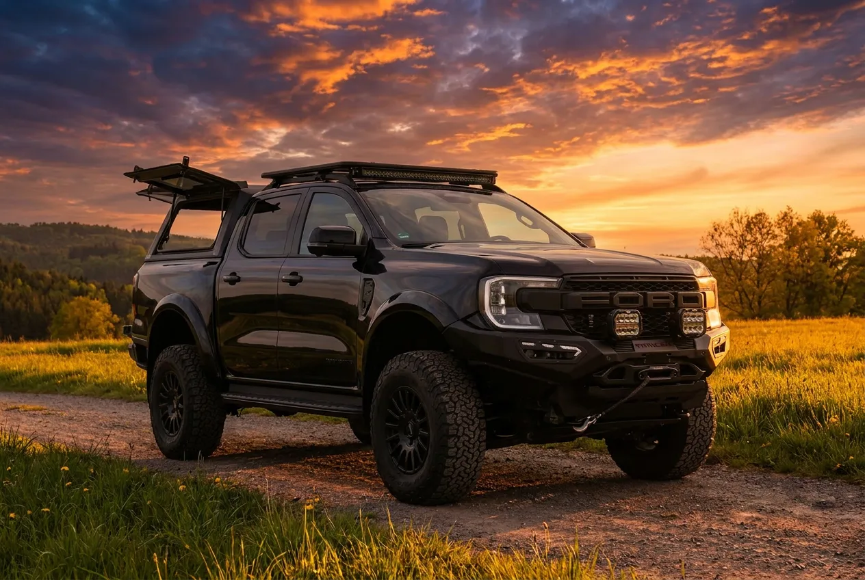 Schwarzer Ford Ranger der neuen Generation mit Dachträger von Michaelis Tuning im Abendrot