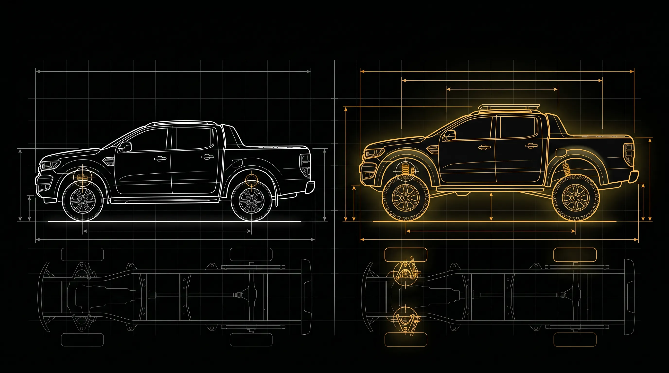 Technische Vergleichszeichnung: Ford Ranger serienmäßig gegenüber dem höhergelegten Michaelis-Umbau
