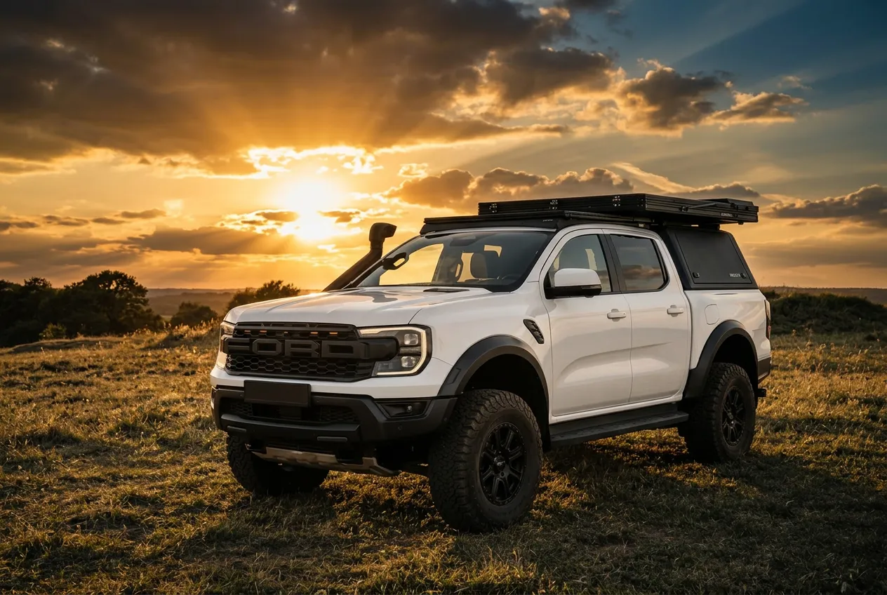 Weißer Ford Ranger Raptor von Michaelis Tuning im Sonnenuntergang auf der Wiese