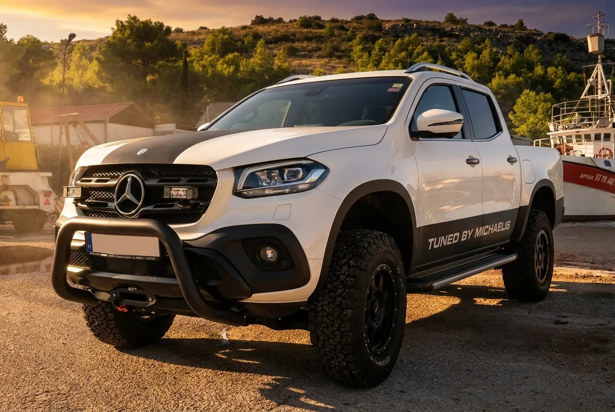 Weiße Mercedes X-Klasse mit Frontbügel von Michaelis Tuning