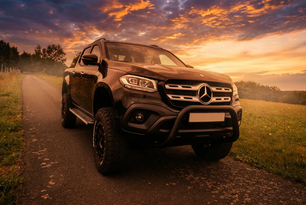 Schwarze Mercedes X-Klasse von Michaelis Tuning, Frontansicht im Abendlicht